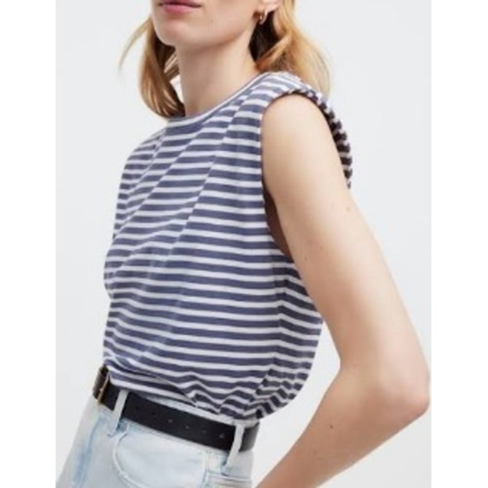 Madewell Womens Padded Shoulder Muscle Tee Navy White Striped Sleeveless Top S